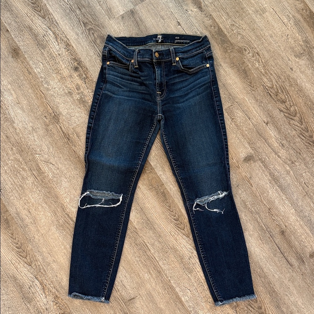 7 For All Mankind Gwenevere Stylish Dark Blue Distressed Jeans